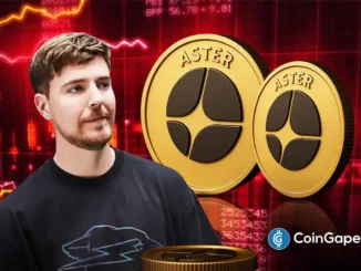 Ilustração mostrando homem ao lado de moedas douradas ASTER sobre fundo vermelho com gráficos de queda.