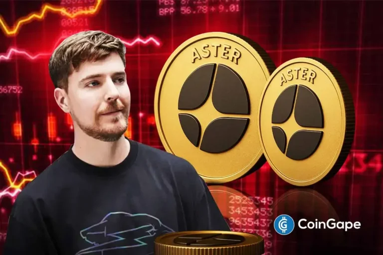 Ilustração mostrando homem ao lado de moedas douradas ASTER sobre fundo vermelho com gráficos de queda.