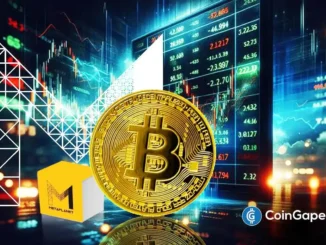 Moeda de Bitcoin dourada em destaque com logo da Metaplanet e gráficos de mercado ao fundo.