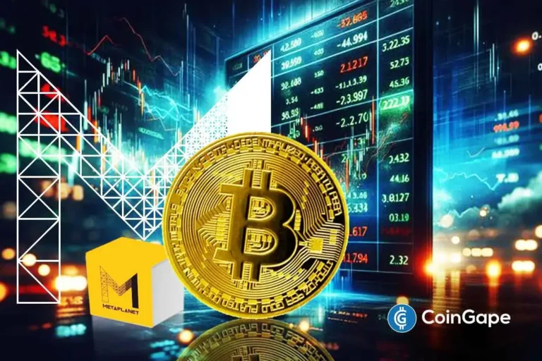 Moeda de Bitcoin dourada em destaque com logo da Metaplanet e gráficos de mercado ao fundo.