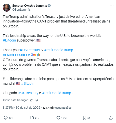 Publicação da senadora Cynthia Lummis no X comemorando a correção do problema CAMT que ameaçava ganhos não realizados em Bitcoin