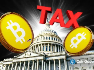 Imagem conceitual mostrando moedas de Bitcoin, a palavra TAX em destaque e o Capitólio dos EUA ao fundo.