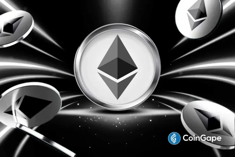 Ilustração de moeda de Ethereum em prata com logo centralizado, cercada por outras moedas de ETH em fundo preto com efeitos de luz.
