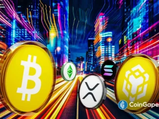 Representação visual de moedas de Bitcoin, Ethereum, XRP, Solana e BNB em primeiro plano com luzes urbanas vibrantes ao fundo simbolizando momentum do mercado.