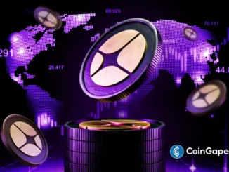 Ilustração 3D do token ASTER flutuando sobre pilha de moedas com mapa-múndi digital pixelizado em roxo ao fundo e gráficos de preços, representando mercado global de criptomoedas.
