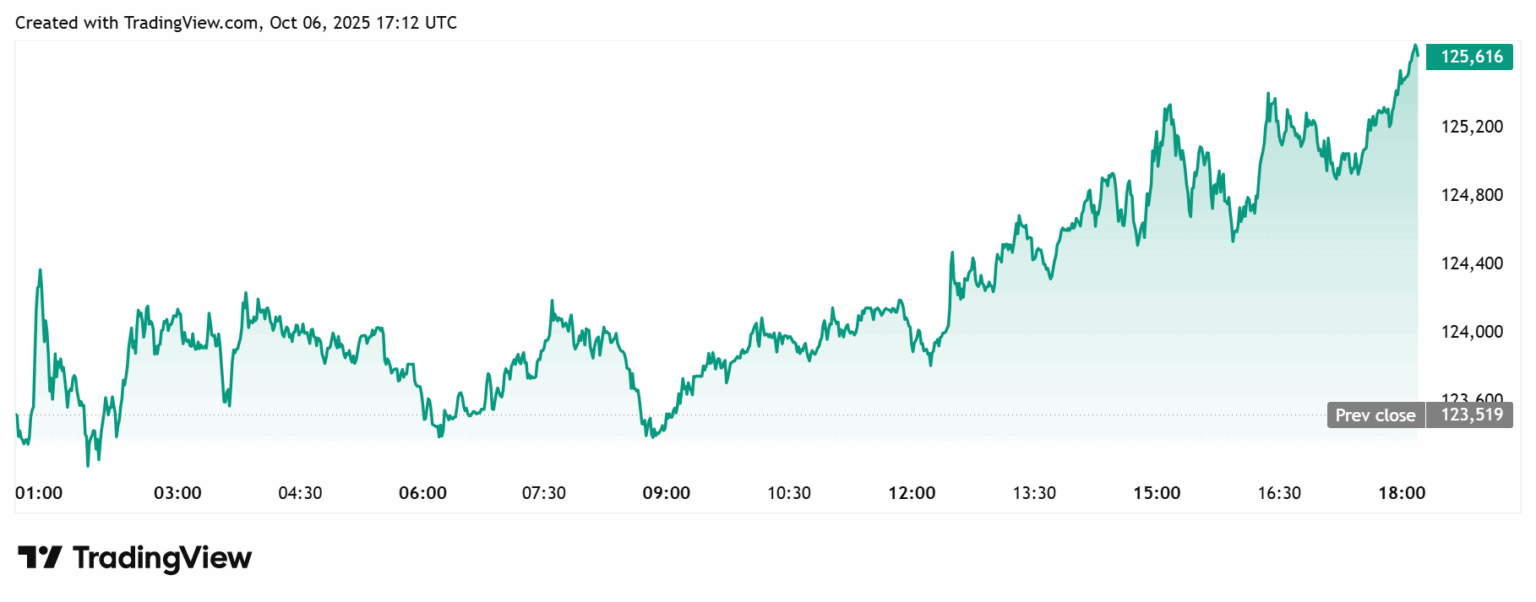 Gráfico de linha do Bitcoin no TradingView exibindo movimento de alta intradiário com preço atual em US$ 125.616
