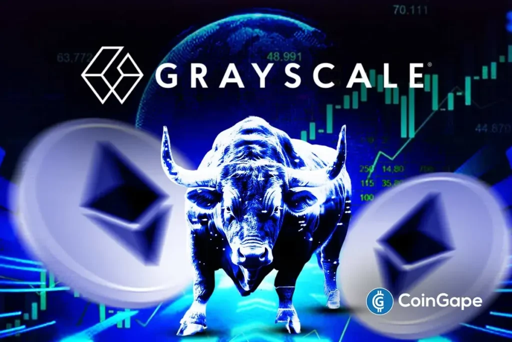 Imagem conceitual mostrando logo da Grayscale, touro simbolizando mercado em alta, logos do Ethereum e gráfico de preços em fundo azul