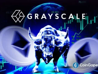 Imagem conceitual mostrando logo da Grayscale, touro simbolizando mercado em alta, logos do Ethereum e gráfico de preços em fundo azul