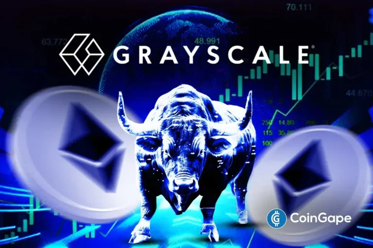 Imagem conceitual mostrando logo da Grayscale, touro simbolizando mercado em alta, logos do Ethereum e gráfico de preços em fundo azul
