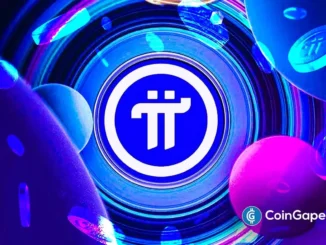 Logo da criptomoeda Pi Network em destaque com elementos gráficos digitais em tons de azul e rosa