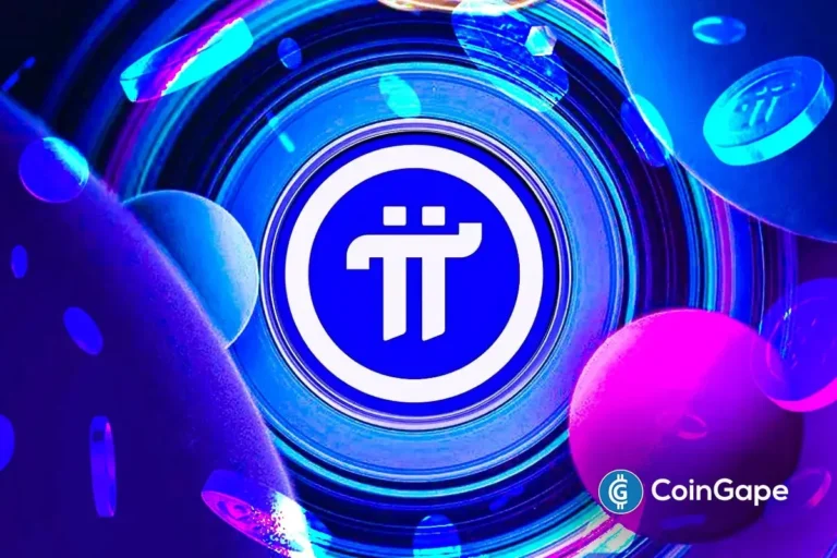Logo da criptomoeda Pi Network em destaque com elementos gráficos digitais em tons de azul e rosa