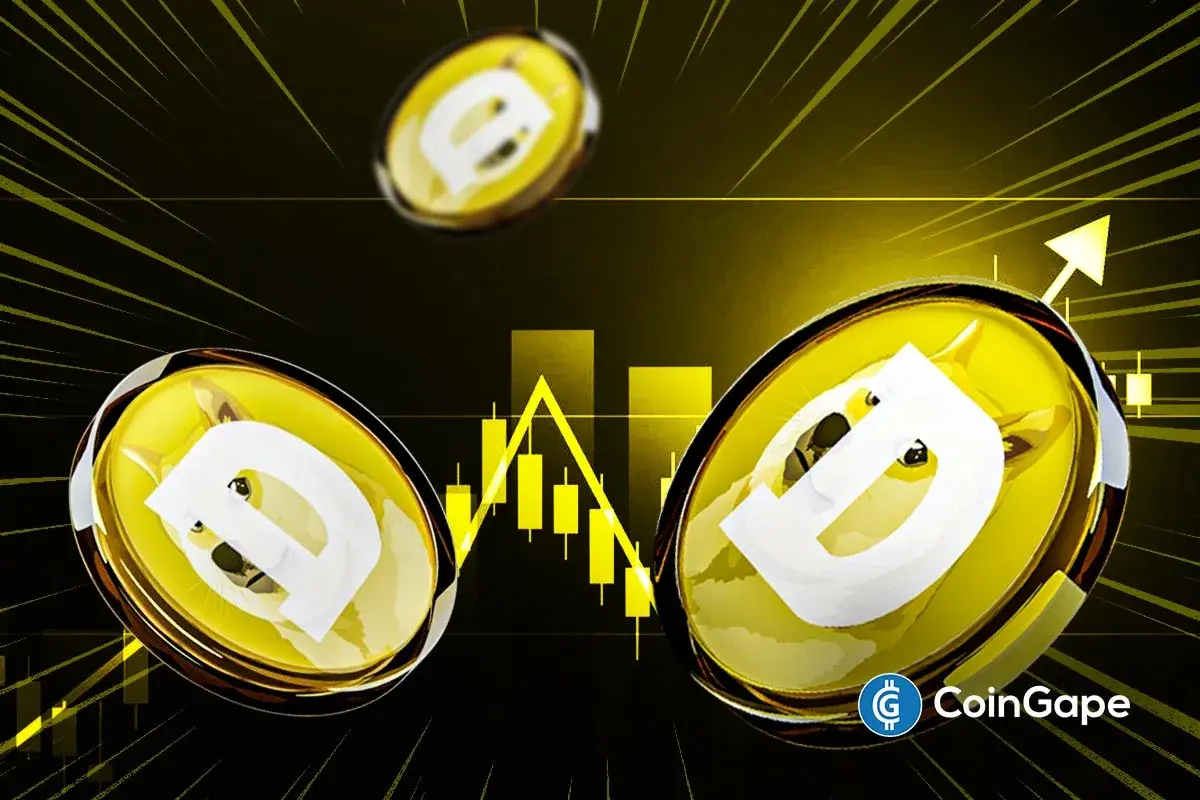 Ilustração 3D de moedas Dogecoin com gráfico de candlestick ao fundo e seta indicando tendência de alta.