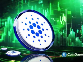 Representação visual da criptomoeda Cardano com logo ADA em primeiro plano e gráficos de candlestick verdes indicando tendência de alta.