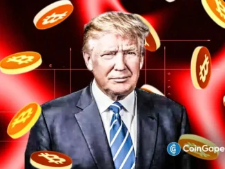 Arte digital mostrando Donald Trump de terno azul cercado por moedas de Bitcoin, Ethereum e outras criptomoedas em fundo vermelho, simbolizando a influência das decisões presidenciais no mercado de criptoativos.