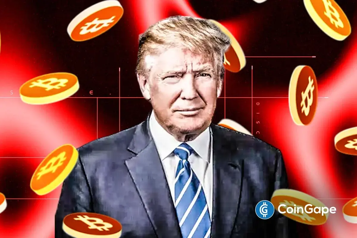 Arte digital mostrando Donald Trump de terno azul cercado por moedas de Bitcoin, Ethereum e outras criptomoedas em fundo vermelho, simbolizando a influência das decisões presidenciais no mercado de criptoativos.