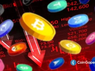 Ilustração mostrando moedas de Bitcoin e outras criptomoedas caindo sobre gráfico vermelho com setas descendentes representando o crash do mercado.