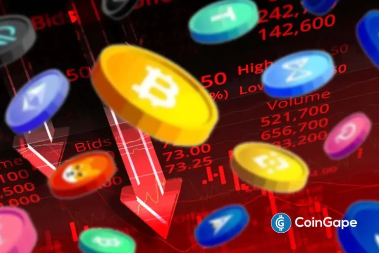 Ilustração mostrando moedas de Bitcoin e outras criptomoedas caindo sobre gráfico vermelho com setas descendentes representando o crash do mercado.