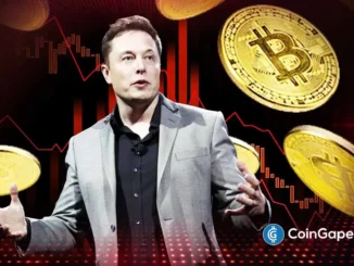 Ilustração de Elon Musk gesticulando com moedas de Bitcoin douradas e gráficos de queda em vermelho ao fundo, representando a volatilidade do mercado de criptomoedas.
