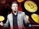 Ilustração de Elon Musk gesticulando com moedas de Bitcoin douradas e gráficos de queda em vermelho ao fundo, representando a volatilidade do mercado de criptomoedas.