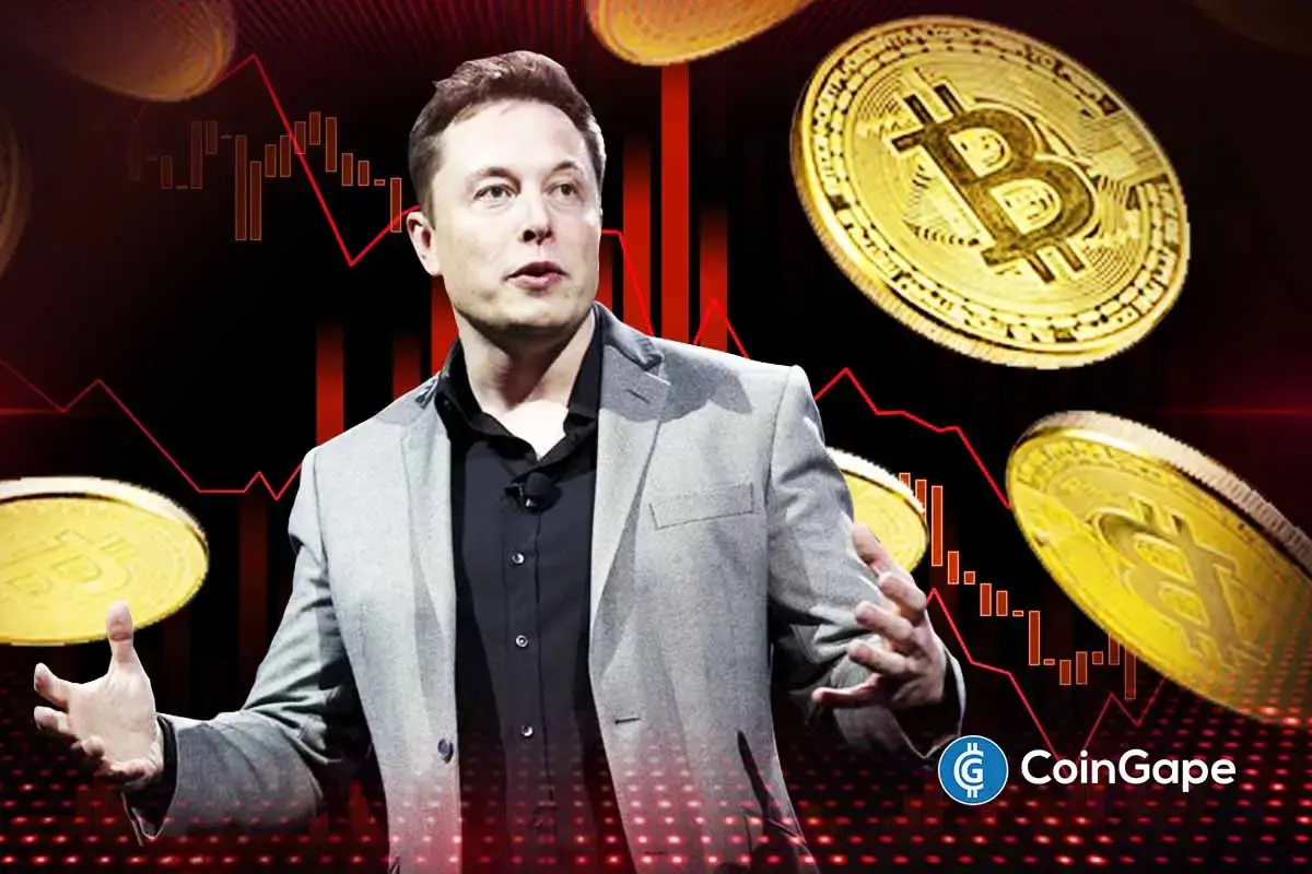 Ilustração de Elon Musk gesticulando com moedas de Bitcoin douradas e gráficos de queda em vermelho ao fundo, representando a volatilidade do mercado de criptomoedas.