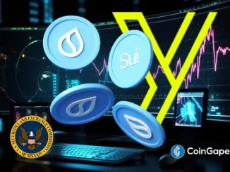 Ilustração digital com tokens da Sui e logo da SEC sobre gráficos de mercado.