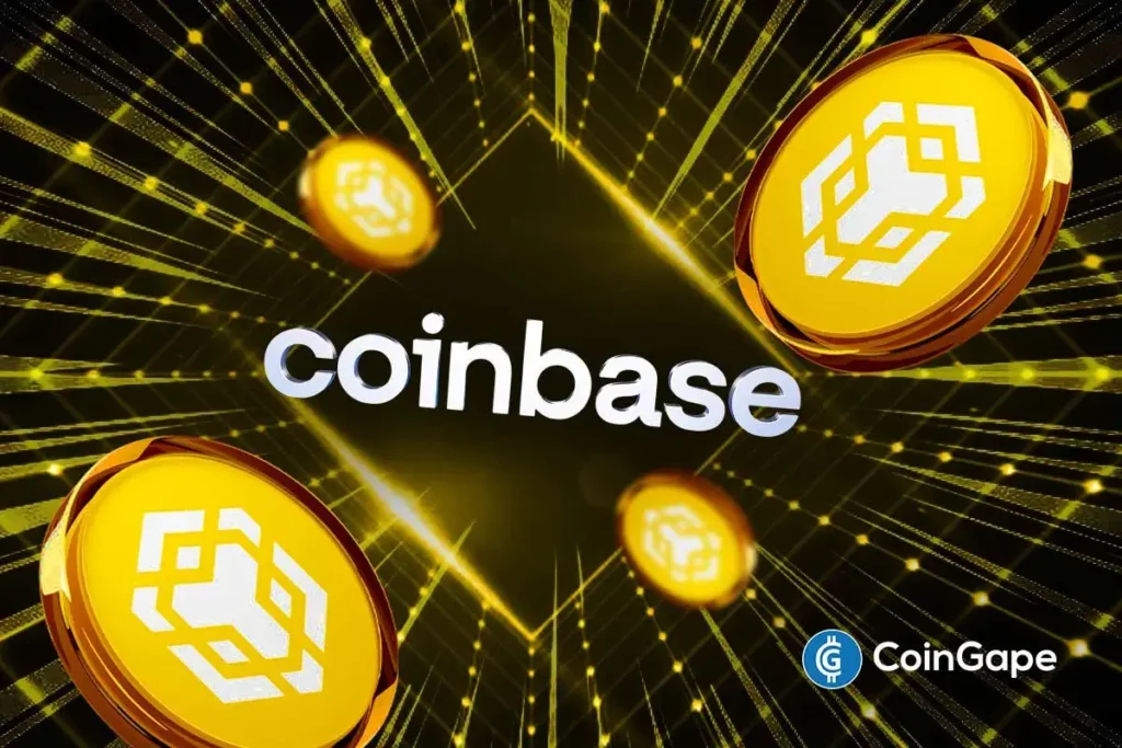 Imagem mostrando o logotipo da Coinbase com moedas BNB douradas em movimento sobre fundo preto com efeitos luminosos