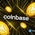 Imagem mostrando o logotipo da Coinbase com moedas BNB douradas em movimento sobre fundo preto com efeitos luminosos
