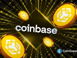 Imagem mostrando o logotipo da Coinbase com moedas BNB douradas em movimento sobre fundo preto com efeitos luminosos