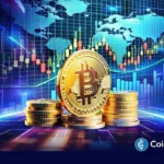 Moedas de Bitcoin douradas em primeiro plano com gráficos de candlesticks e mapa mundial digital ao fundo.