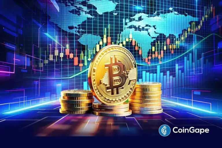 Moedas de Bitcoin douradas em primeiro plano com gráficos de candlesticks e mapa mundial digital ao fundo.