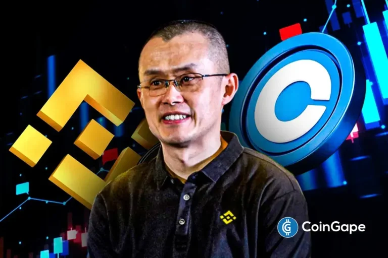 Changpeng "CZ" Zhao, fundador da Binance, posando entre os logotipos da Binance e Coinbase com gráficos ao fundo