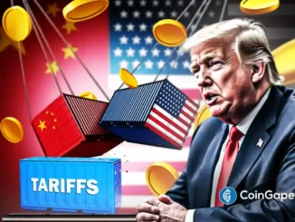 Ilustração mostrando Donald Trump anunciando tarifas com bandeiras dos EUA e China ao fundo