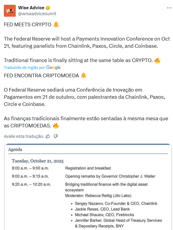 Captura de tela mostrando post do Twitter sobre conferência do Fed com agenda detalhada do evento