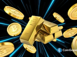 Imagem artística mostrando barras de ouro e moedas Bitcoin em composição dinâmica