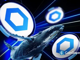 Arte digital de baleia cercada por símbolos do Chainlink em fundo azul tecnológico