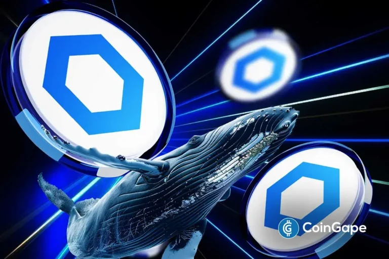 Arte digital de baleia cercada por símbolos do Chainlink em fundo azul tecnológico