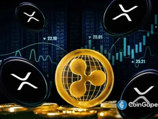 Moeda dourada de XRP em destaque cercada por logos da Ripple sobre gráficos de mercado de criptomoedas.