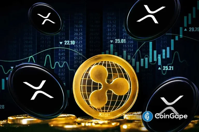 Moeda dourada de XRP em destaque cercada por logos da Ripple sobre gráficos de mercado de criptomoedas.
