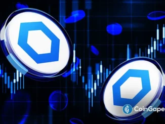 Representação visual do token Chainlink com gráficos de candlestick ao fundo