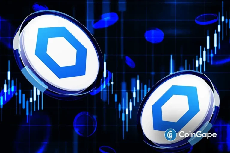 Representação visual do token Chainlink com gráficos de candlestick ao fundo