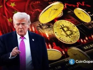 Montagem Trump Bitcoin bandeira China representando impacto acordo comercial criptomoedas