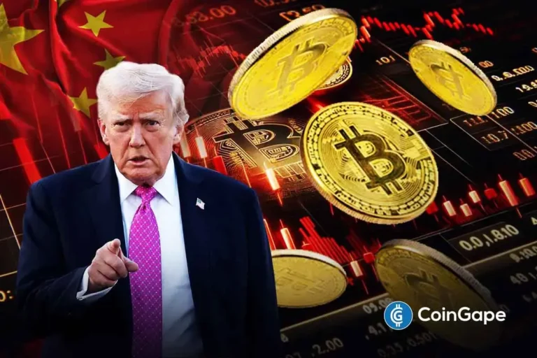 Montagem Trump Bitcoin bandeira China representando impacto acordo comercial criptomoedas