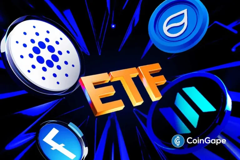 Ilustração em 3D mostrando a palavra ETF rodeada pelos logos de Cardano, Solana e Litecoin em efeito neon azul