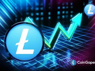 Ilustração digital do logo Litecoin com setas de crescimento em fundo tecnológico