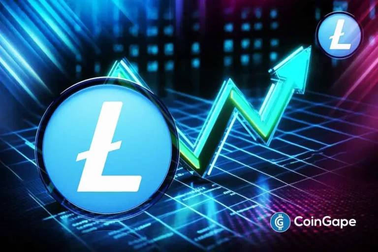 Ilustração digital do logo Litecoin com setas de crescimento em fundo tecnológico