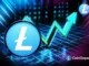 Ilustração digital do logo Litecoin com setas de crescimento em fundo tecnológico