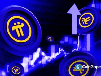 Ilustração digital da Pi Network com logos em tons azuis e setas indicando movimento ascendente no preço