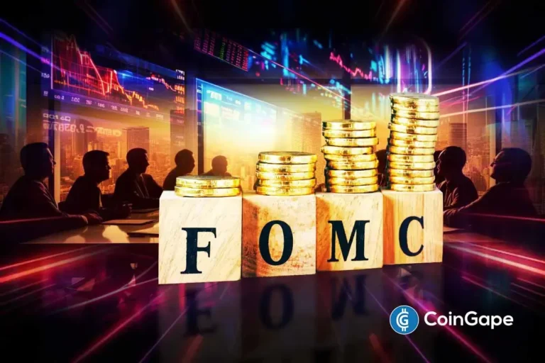 Ilustração conceitual da reunião do FOMC com moedas douradas e gráficos financeiros ao fundo.