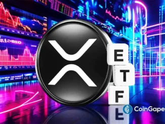 Logotipo circular preto do XRP com letras ETF em blocos brancos, sobreposto a gráficos de trading coloridos em tons de azul e rosa