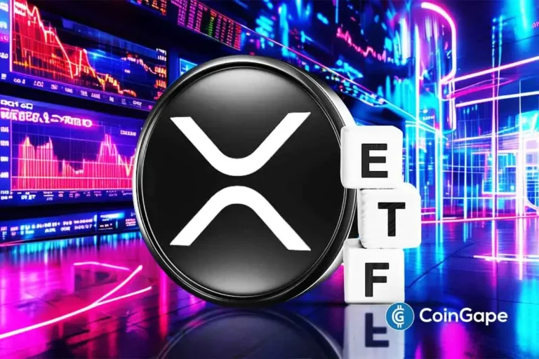 Logotipo circular preto do XRP com letras ETF em blocos brancos, sobreposto a gráficos de trading coloridos em tons de azul e rosa